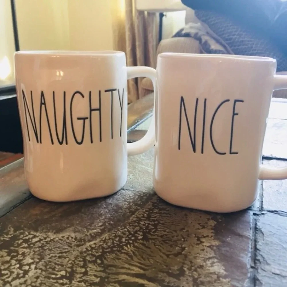 NWT Rae Dunn NAUGHTY NICE Mug Coffee Tea ceramic gift white black Christmas